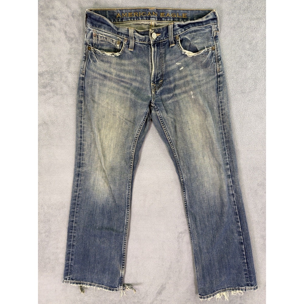 American Eagle Jeans Mens 30x30 Blue Straight Low Rise Distressed Thrashed Denim